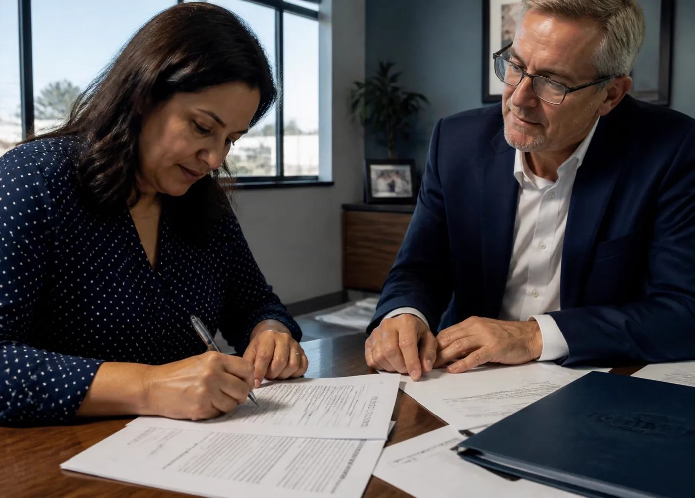 Small business owner preparing documents with an administrative specialist