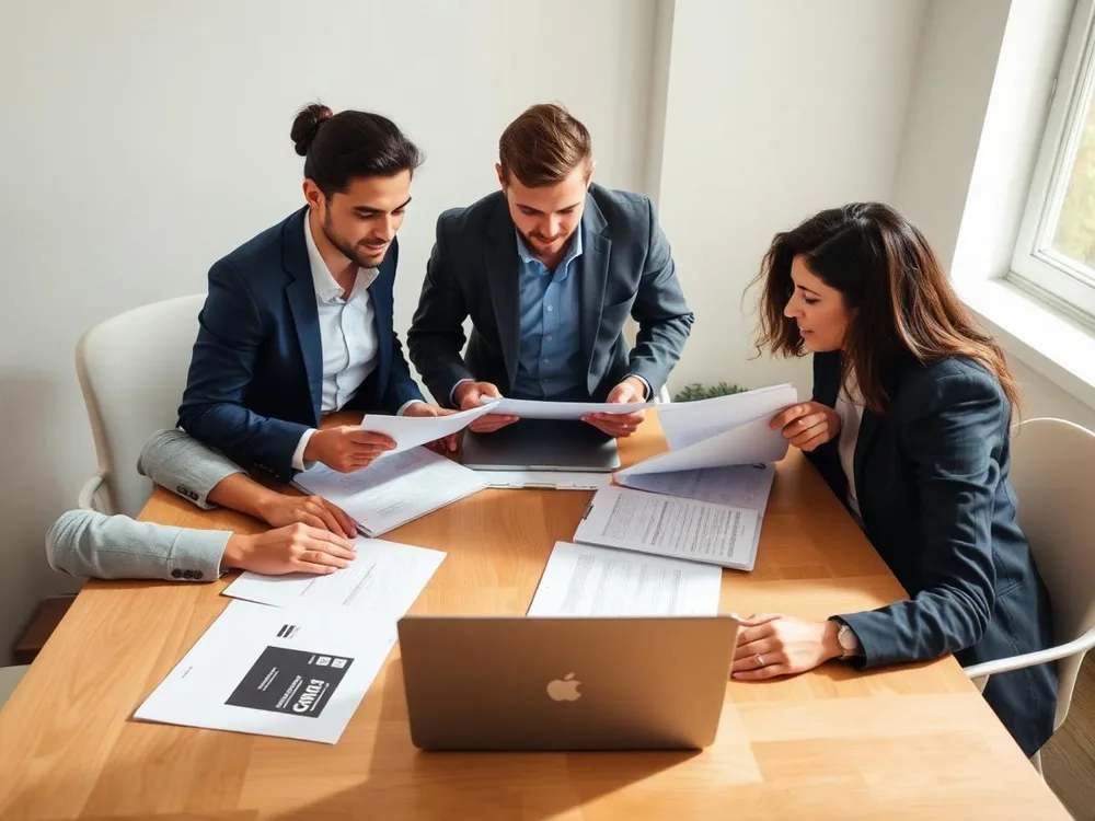 Small team of professionals reviewing property and financial files together