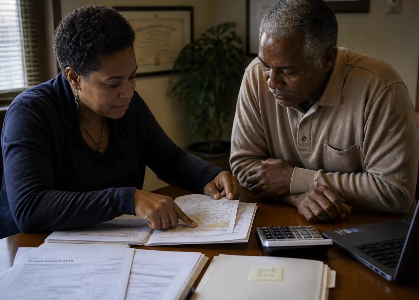 Tax preparer reviewing documents across a desk with a small business client