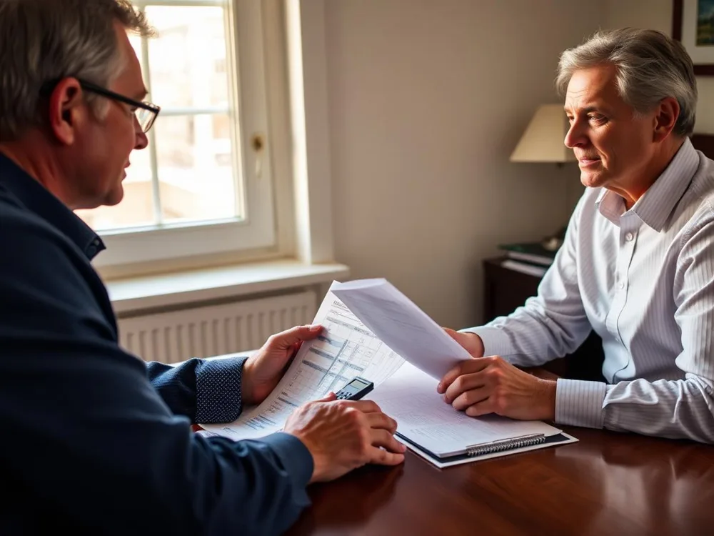 Tax preparer and client reviewing printed tax documents across a desk
