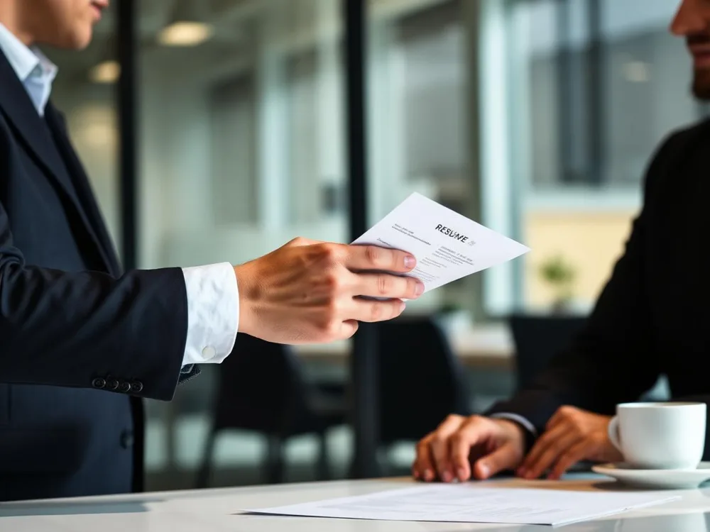 Job candidate handing a resume to a hiring manager in a modern office