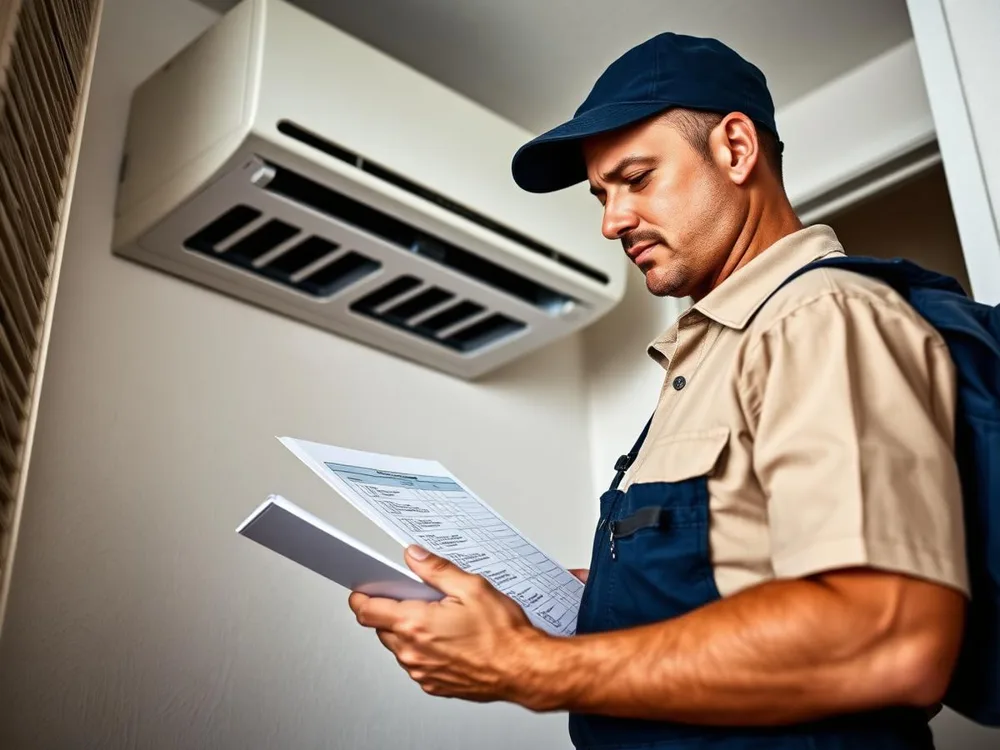 Maintenance technician inspecting a residential HVAC unit with a checklist