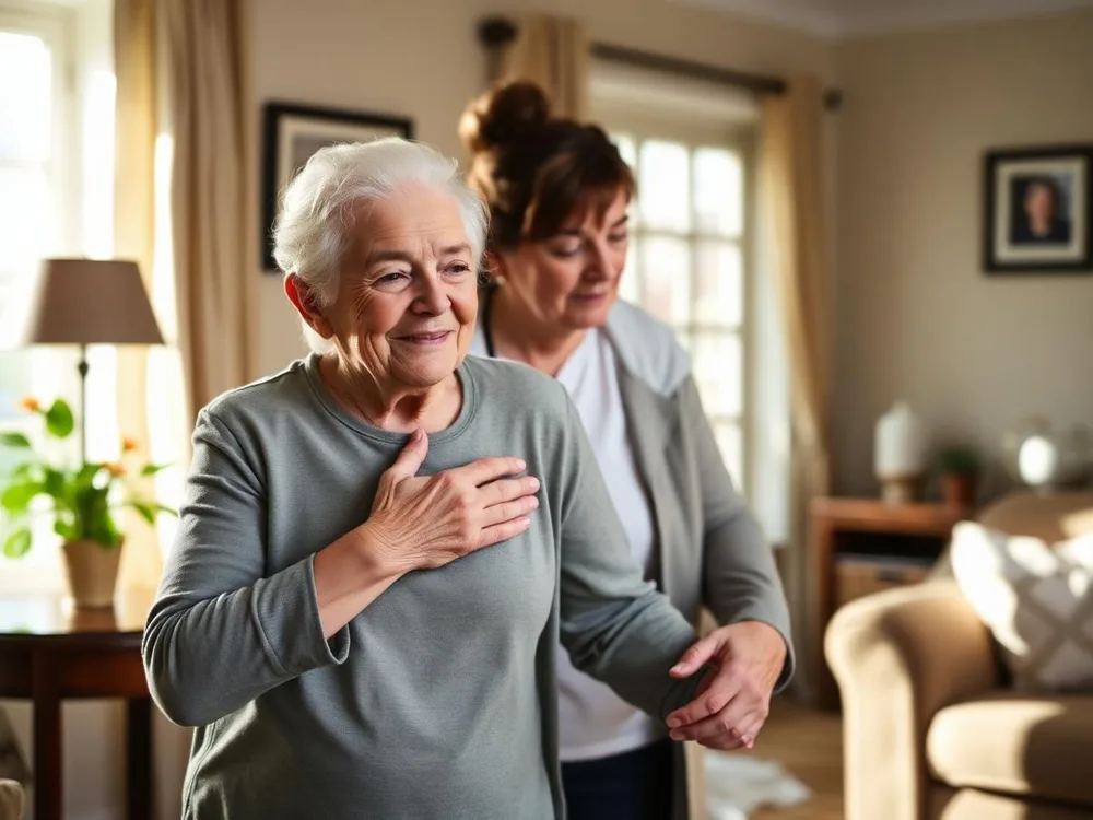 Caregiver steadying an elderly woman as she walks through her sunlit living room