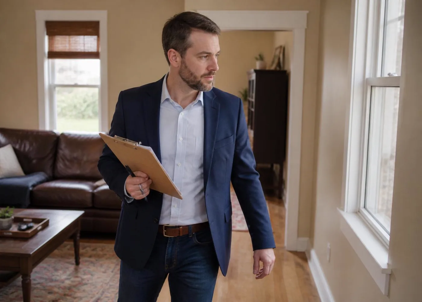 Property manager walking a homeowner through a residential walkthrough in natural daylight