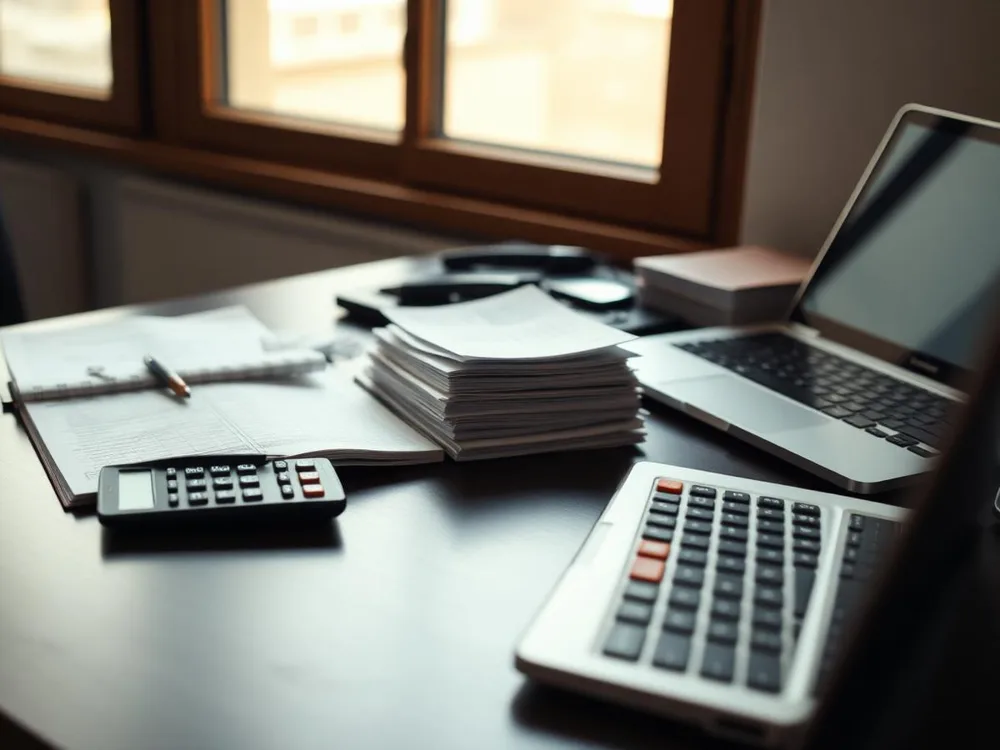 Bookkeeping desk with an open ledger, receipts and a calculator in morning light