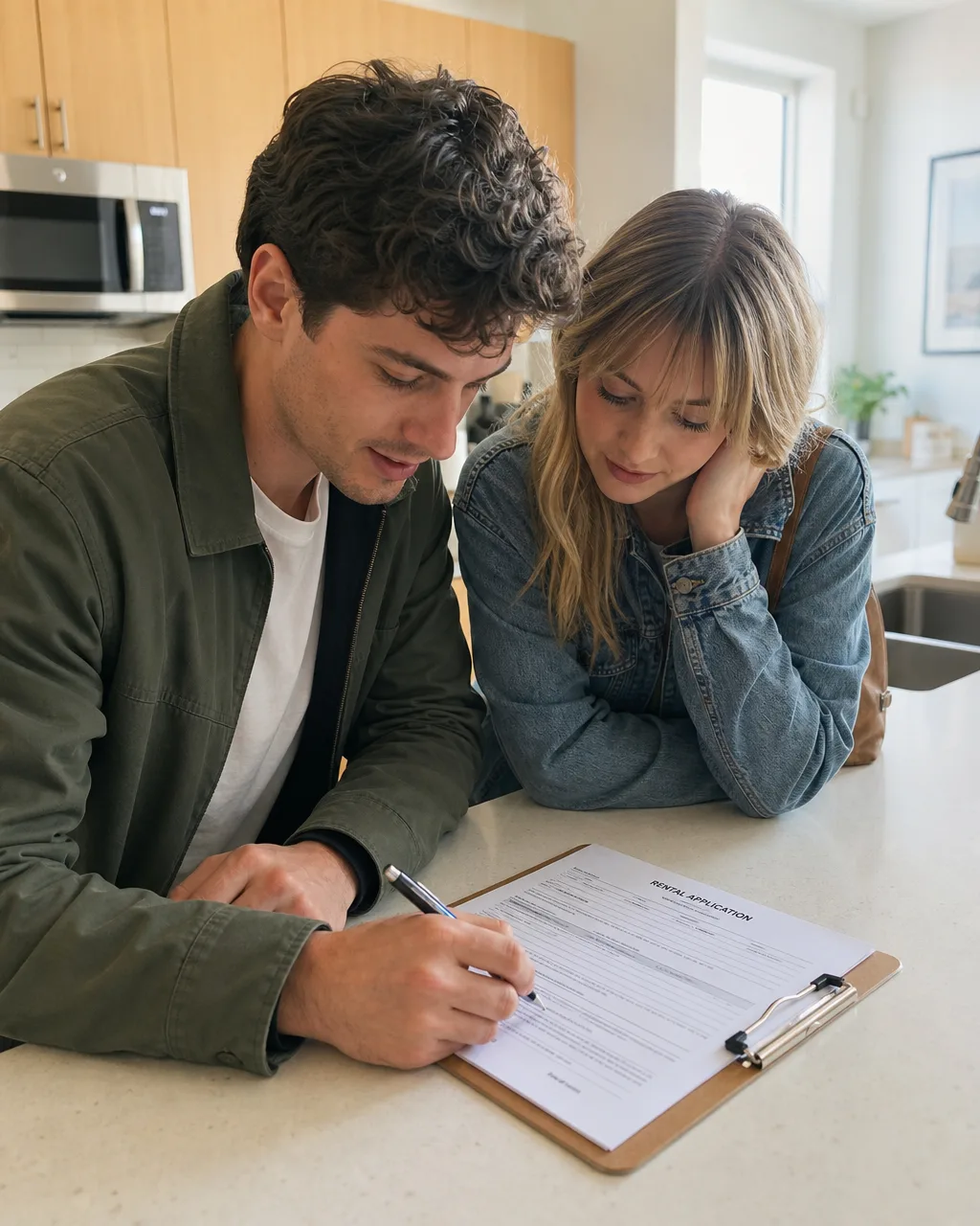 Applicants completing a rental application form at a leasing office desk with keys nearby