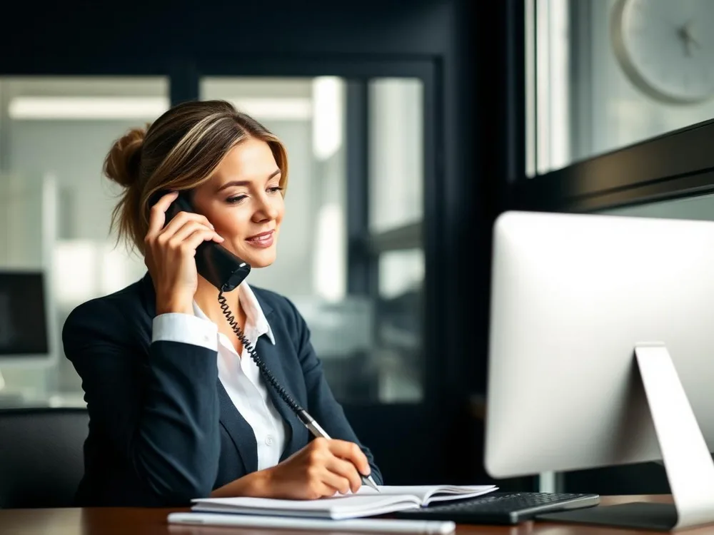 Professional taking notes during a client phone call in a modern office