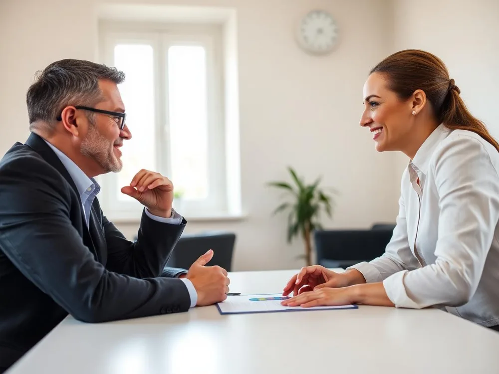 Consultant listening closely to a small business owner across a table in a bright room