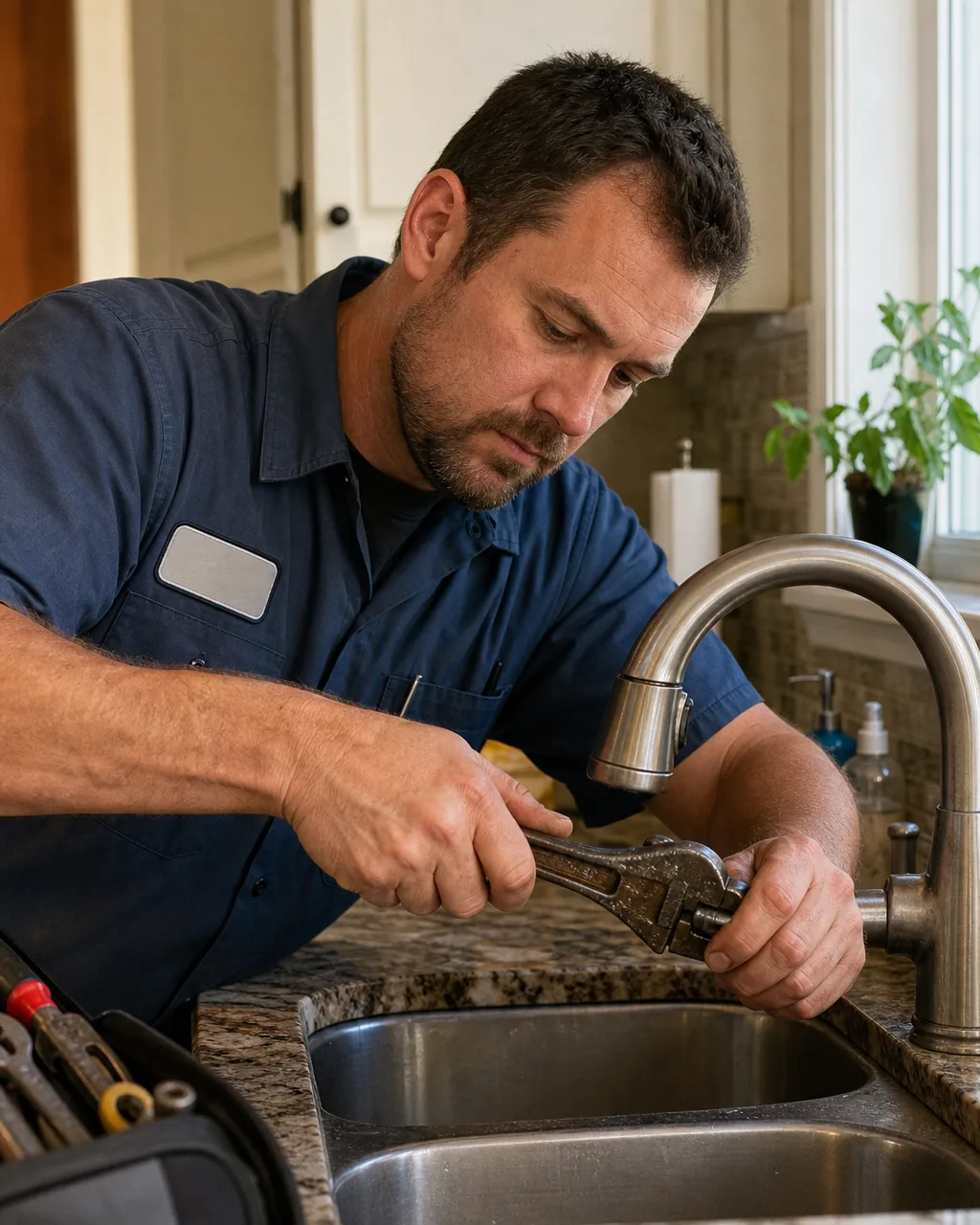 Maintenance technician repairing a kitchen faucet in a residential home