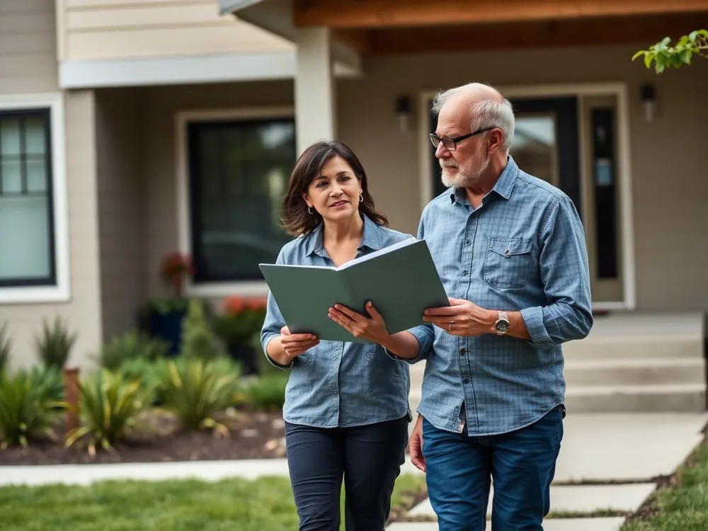 Property manager reviewing a folder with a homeowner outside a residential rental home