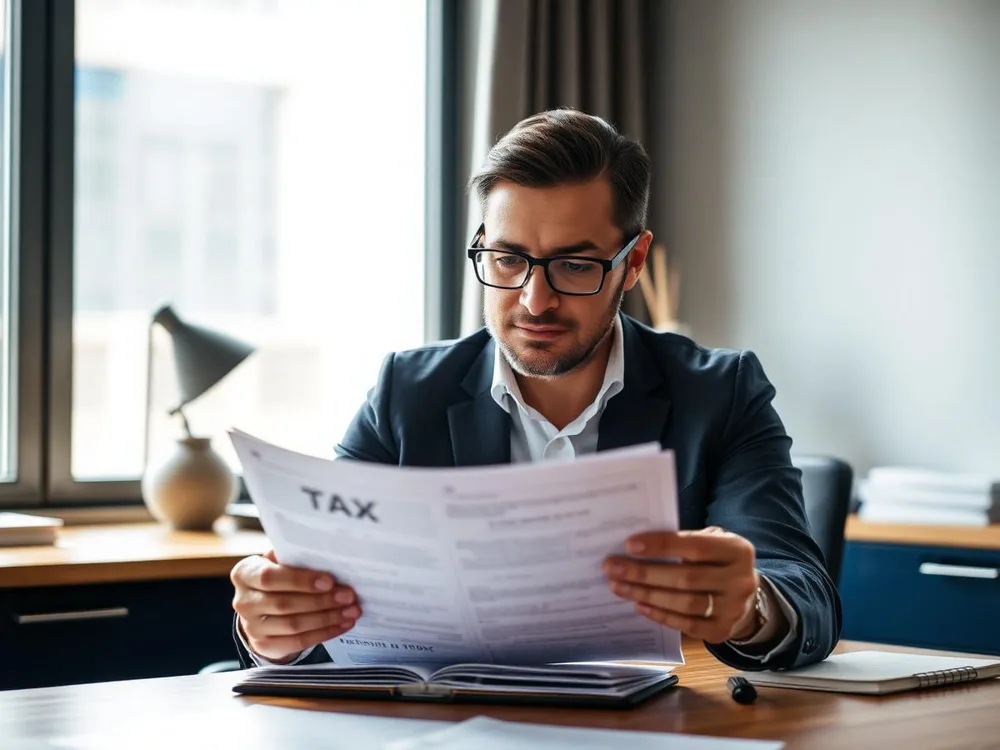 Tax specialist reviewing client documents at a navy and wood office desk in natural light
