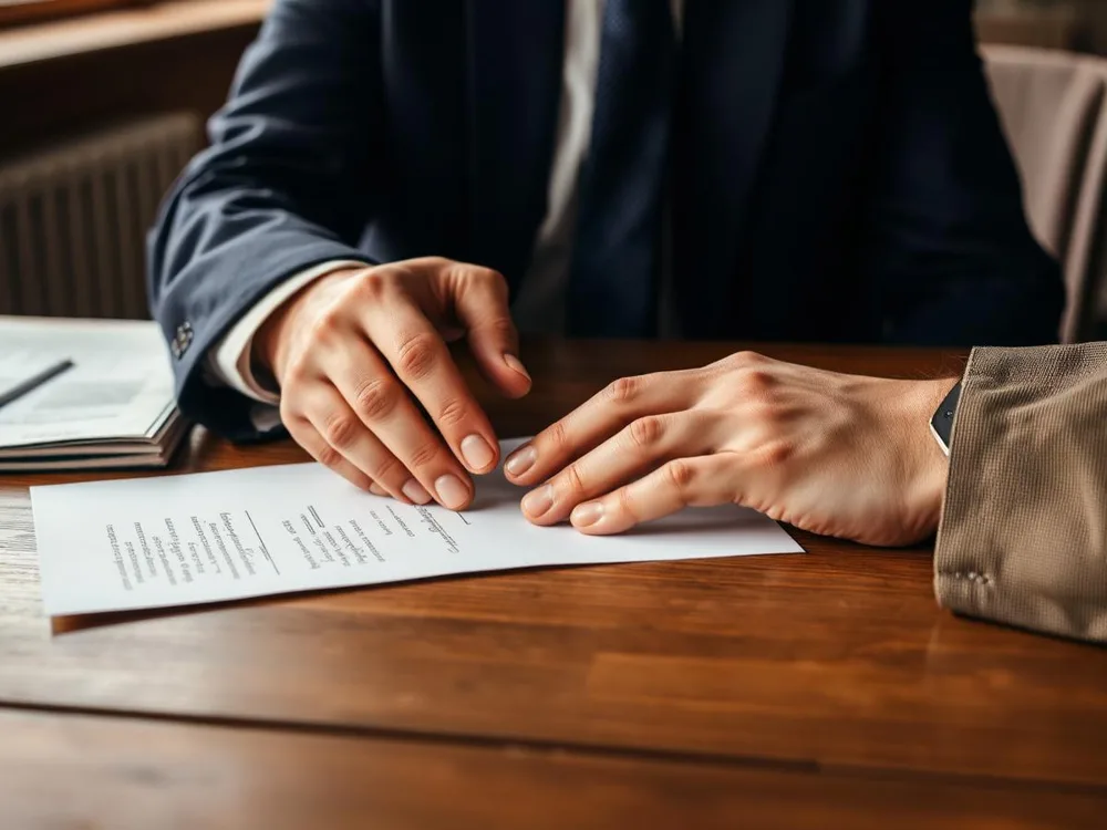 Advisor and client reviewing a signed agreement on a wooden table